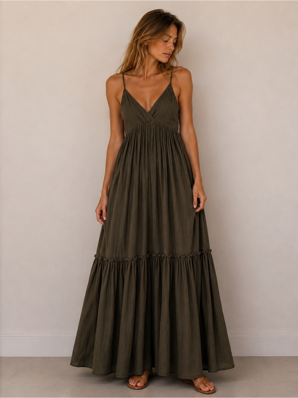 GOA Paris Boho Chic Maxi Sun Dress Olive Green Tassel Tie Size S/M Coquette Girl